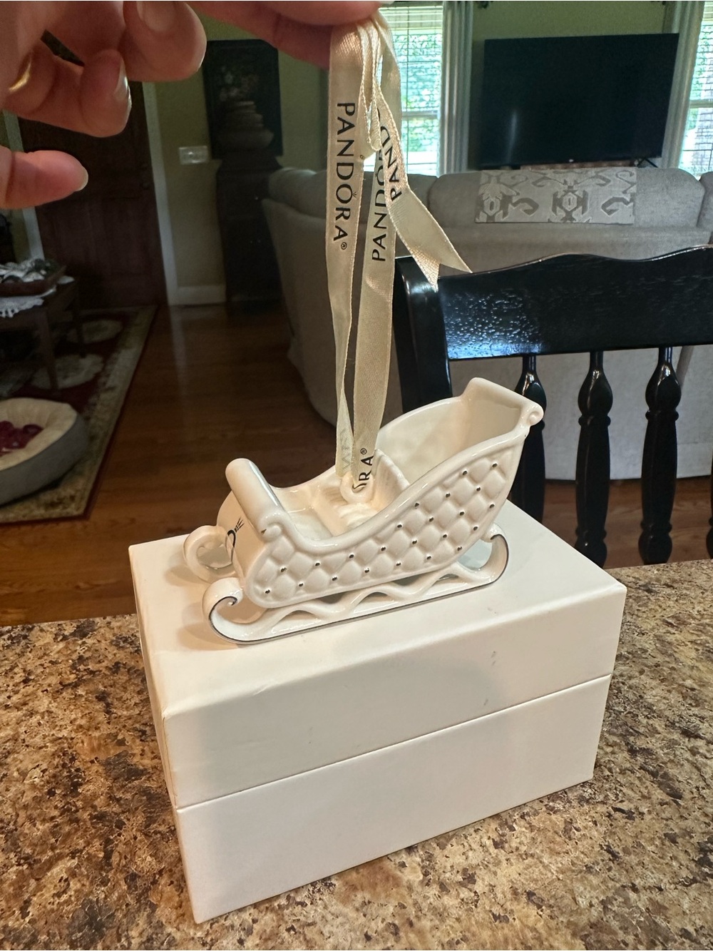 Pandora 2014 White Quilted Ceramic Sleigh Ornament with Ribbon in box